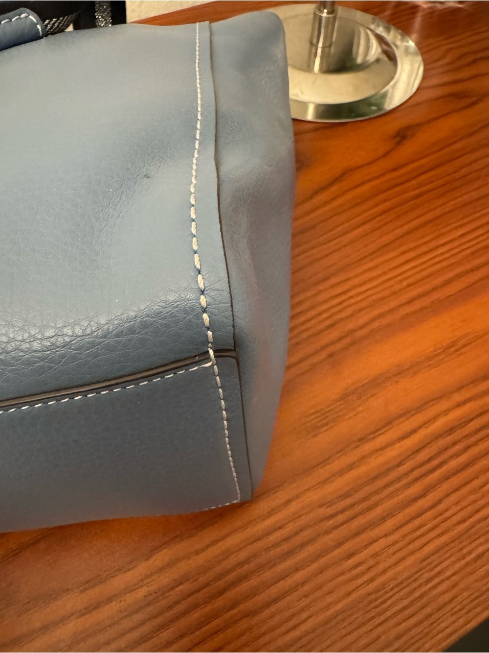 Coach Blue Leather Tote with Navy Striped Handles - Picture 10 of 16